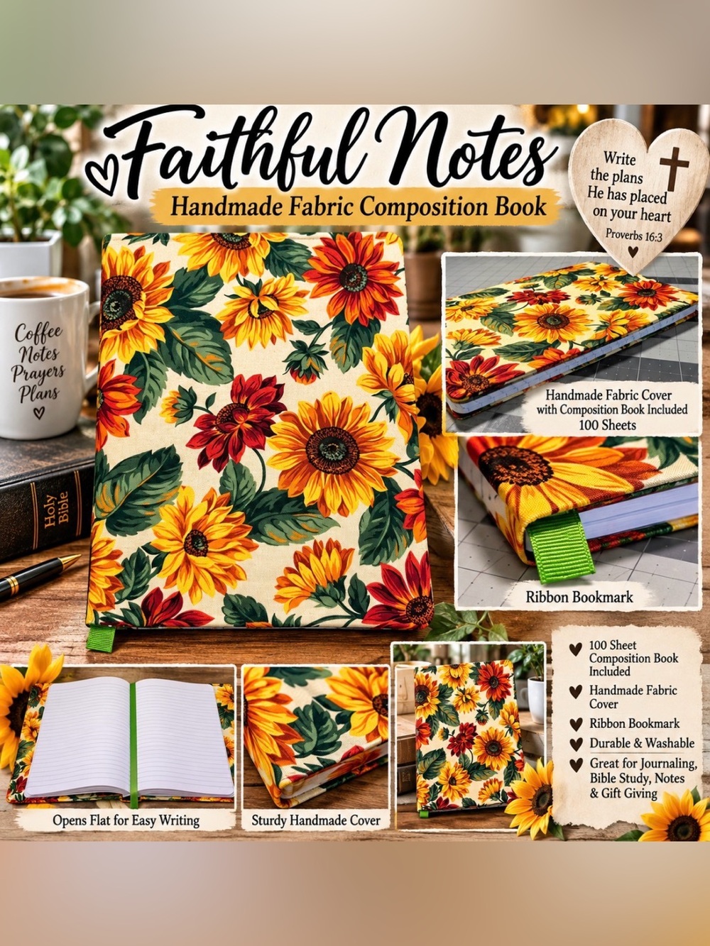 Faithful Notes Sunflower Composition Notebook - Handmade Fabric Cover